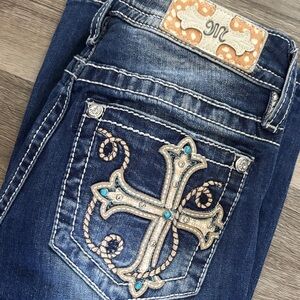 Miss Me Dark Blue Denim Bootcut Jeans with Embroidered Cross Pocket
